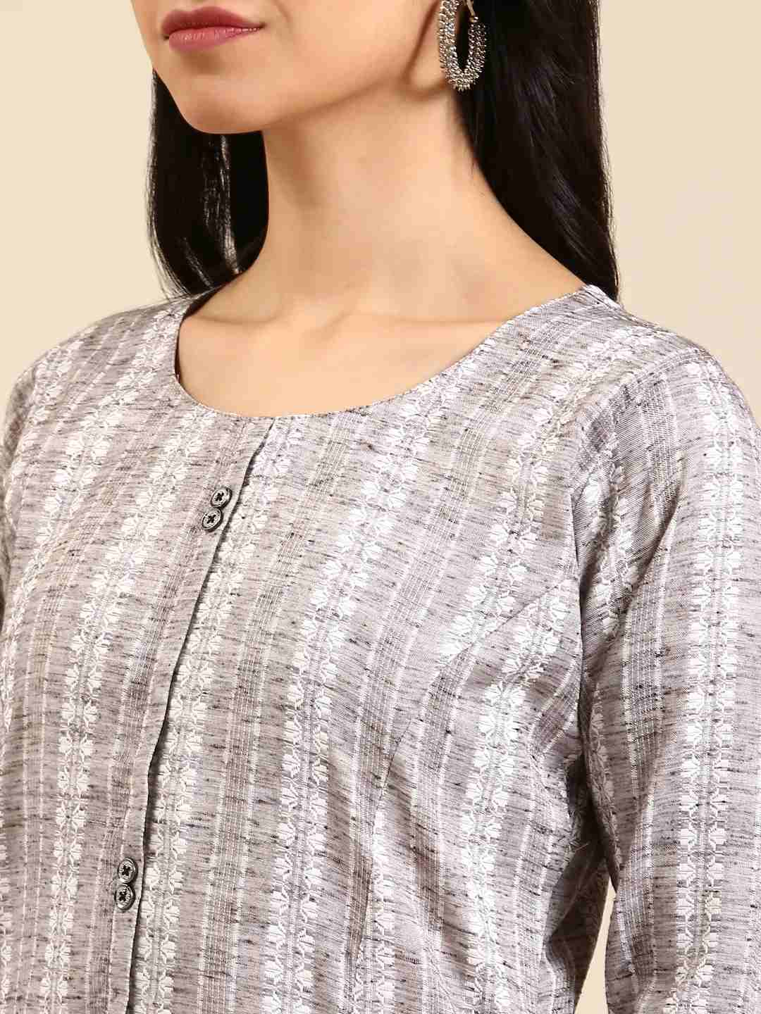 SHOWOFF Women Grey Woven Design Round Neck Three-Quarter Sleeves Mid Length Straight Kurta