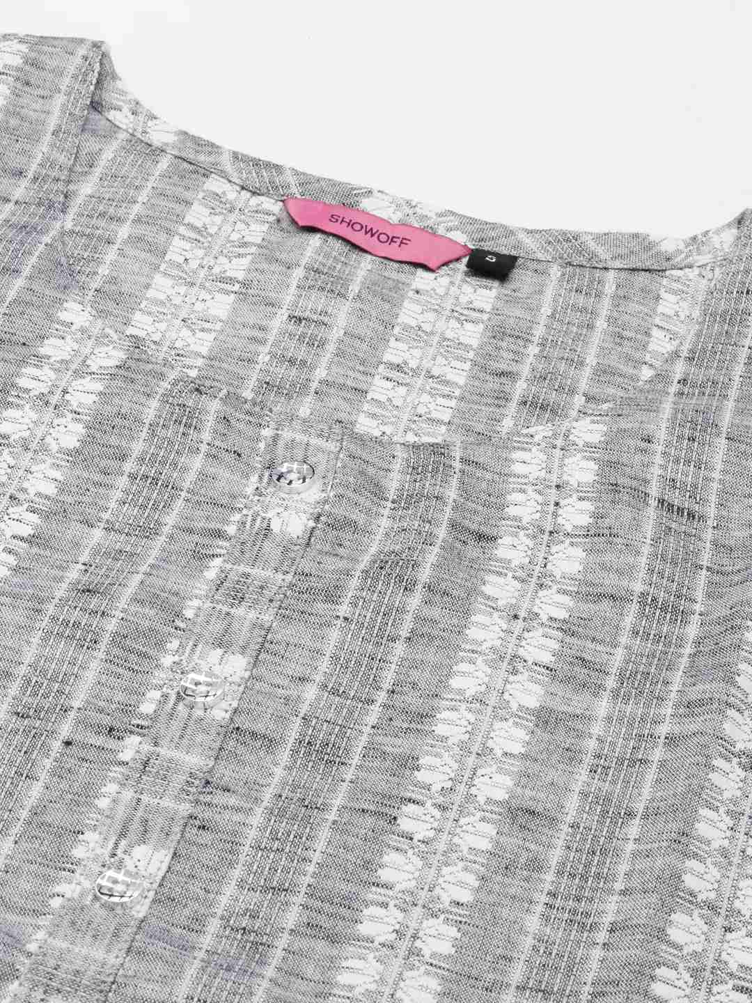 SHOWOFF Women Grey Woven Design Round Neck Three-Quarter Sleeves Mid Length Straight Kurta