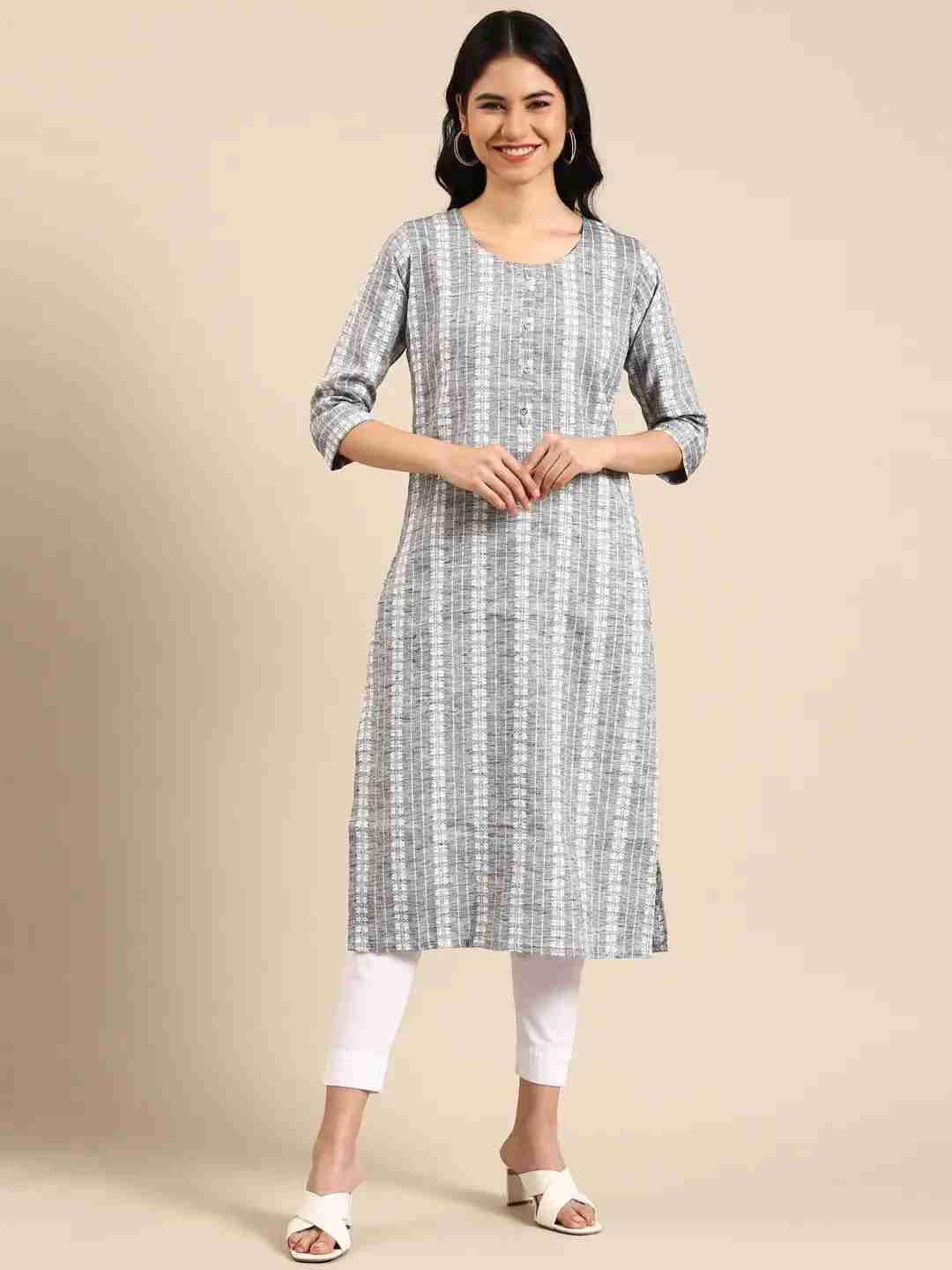 SHOWOFF Women Grey Woven Design Round Neck Three-Quarter Sleeves Mid Length Straight Kurta