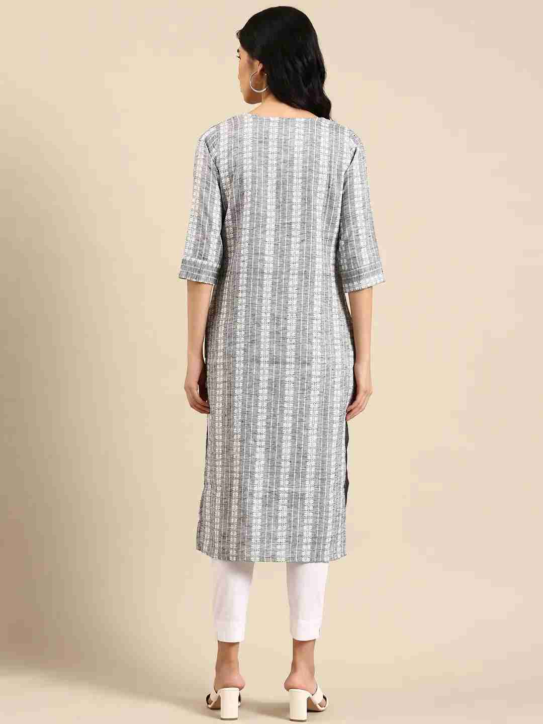 SHOWOFF Women Grey Woven Design Round Neck Three-Quarter Sleeves Mid Length Straight Kurta