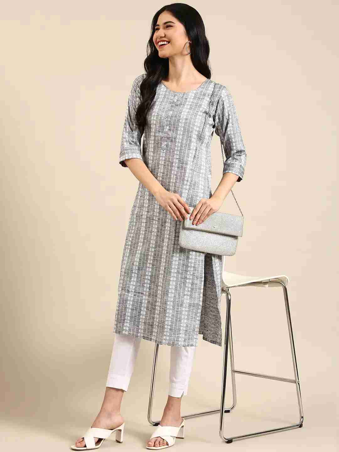 SHOWOFF Women Grey Woven Design Round Neck Three-Quarter Sleeves Mid Length Straight Kurta