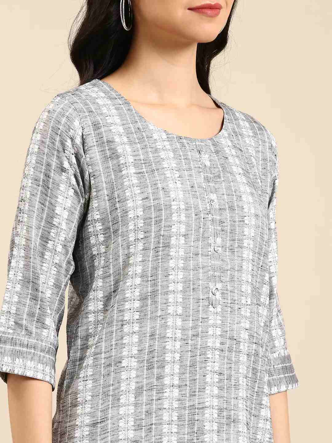 SHOWOFF Women Grey Woven Design Round Neck Three-Quarter Sleeves Mid Length Straight Kurta