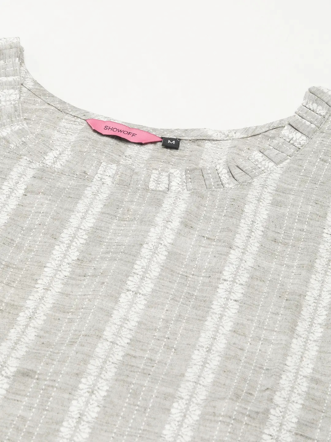 Showoff | SHOWOFF Women Grey Self Design Round Neck Three-Quarter Sleeves Mid Length Straight Kurta Set 1