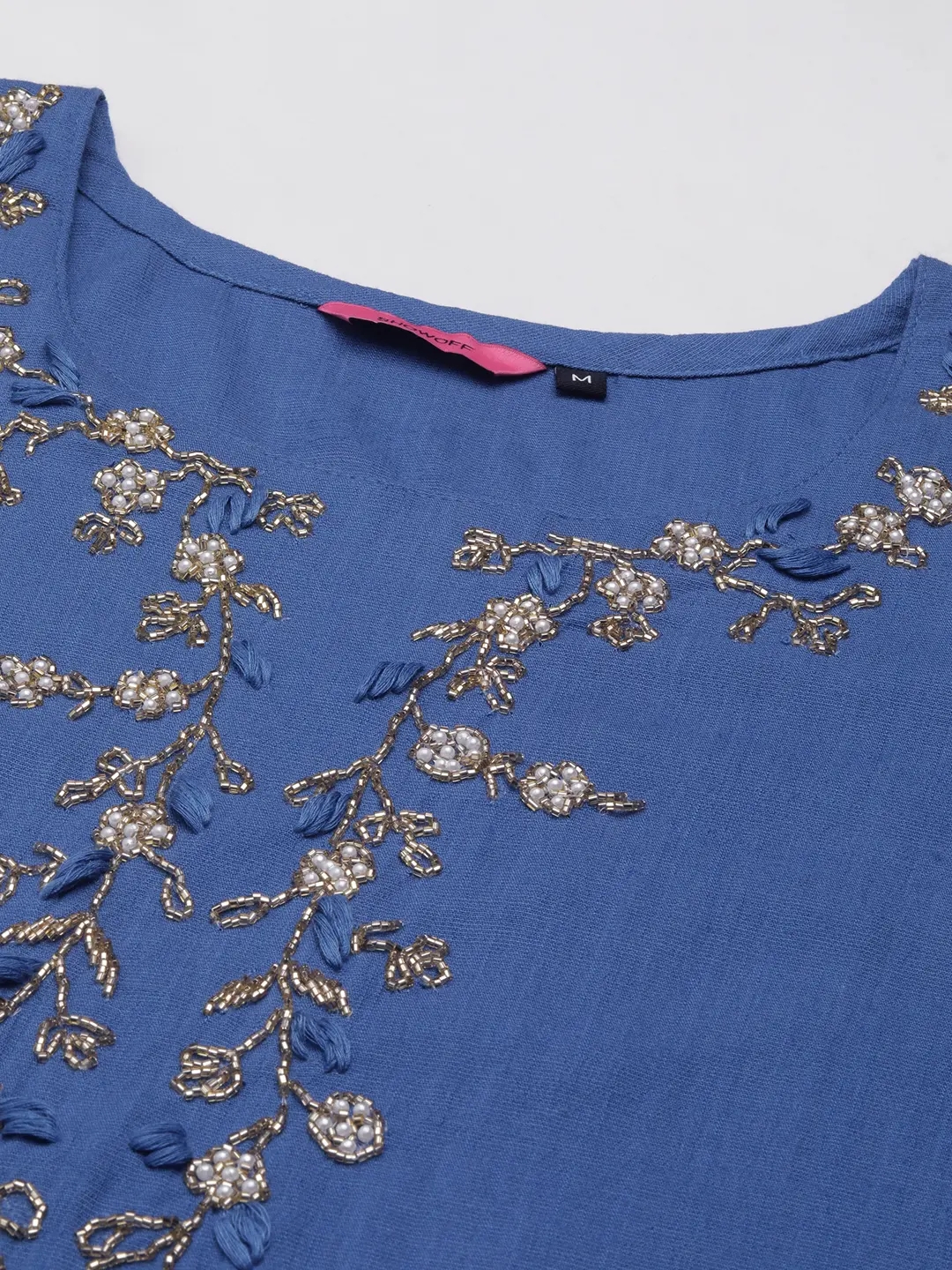 Showoff | SHOWOFF Women Blue Embroidered  Scoop Neck Three-Quarter Sleeves Mid Length Straight Kurta Set 1