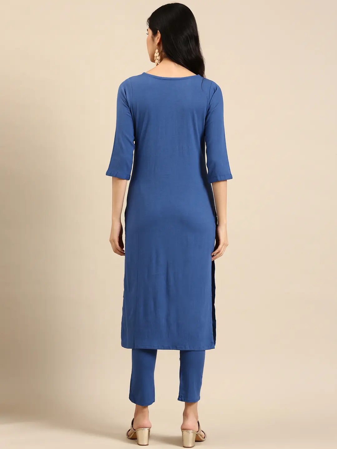Showoff | SHOWOFF Women Blue Embroidered  Scoop Neck Three-Quarter Sleeves Mid Length Straight Kurta Set 4