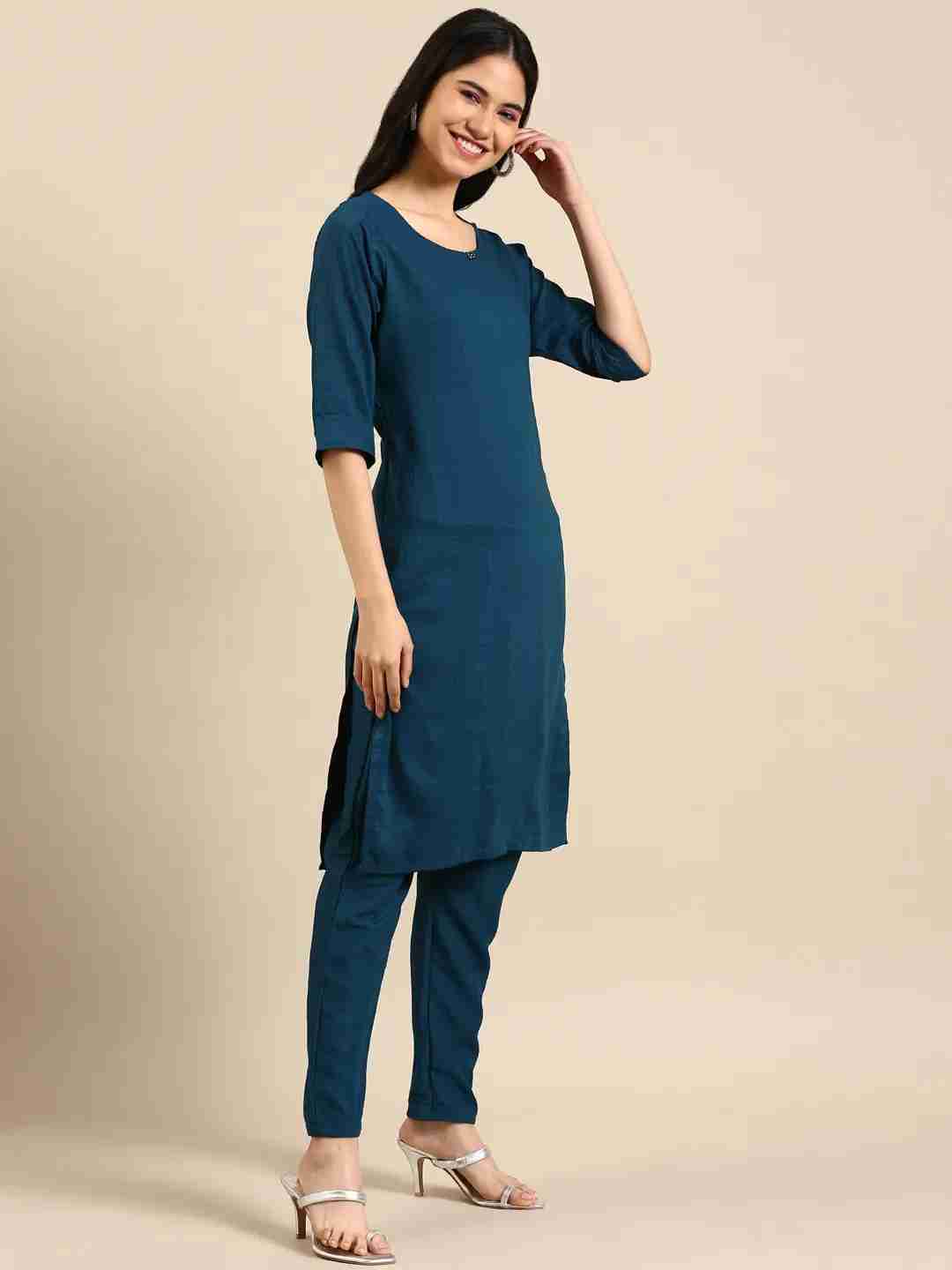 Showoff | SHOWOFF Women Teal Self Design  Round Neck Three-Quarter Sleeves Mid Length Straight Kurta Set 3