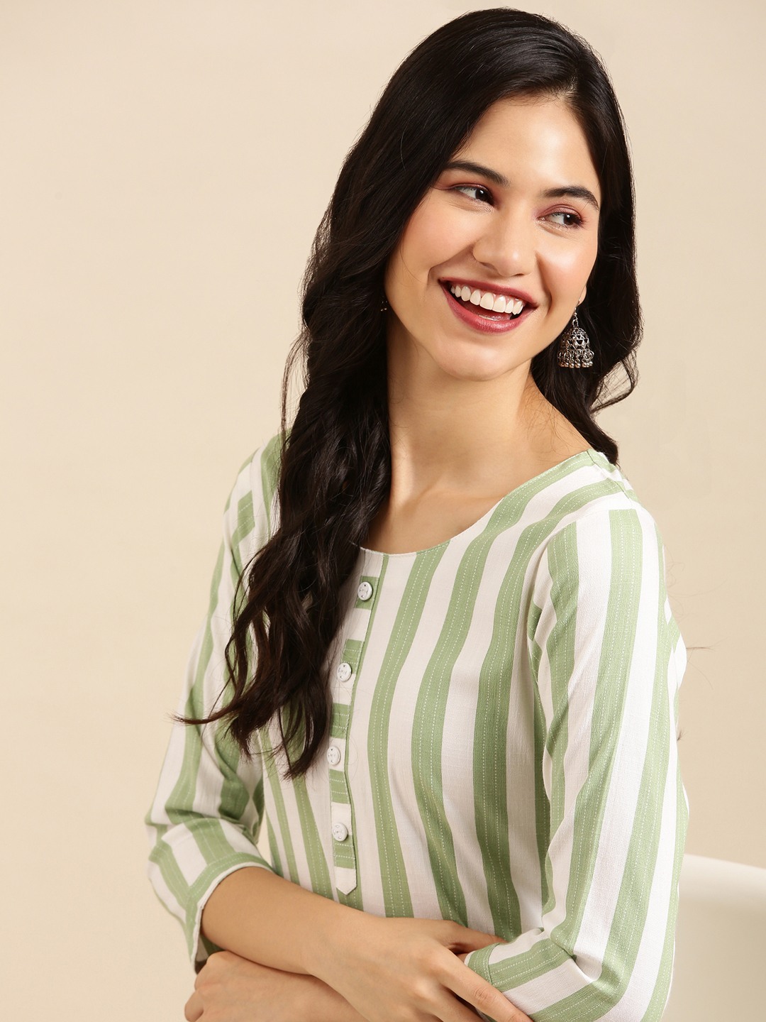 SHOWOFF Women Green Striped Round Neck Three-Quarter Sleeves Mid Length Straight Kurta