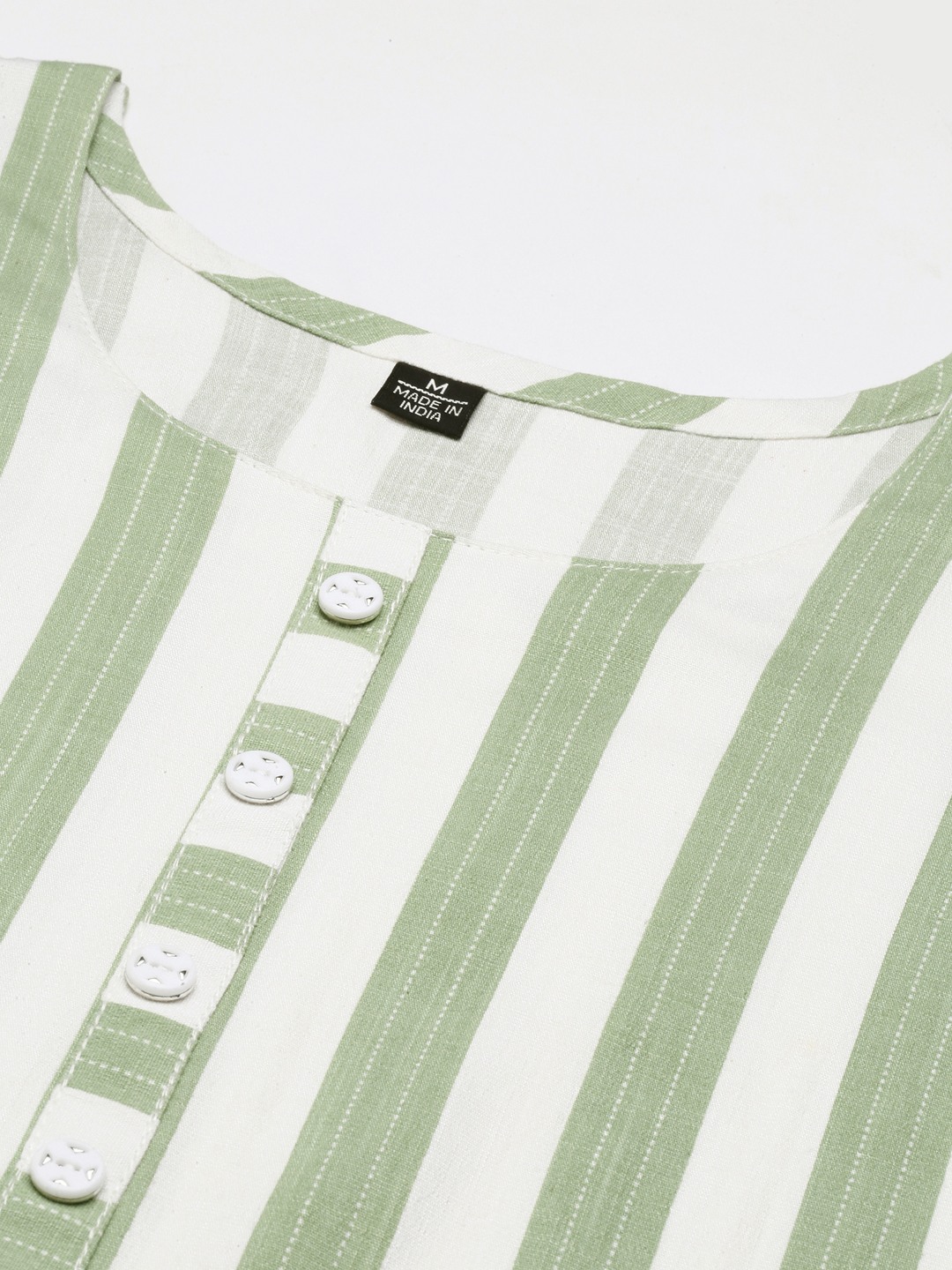 SHOWOFF Women Green Striped Round Neck Three-Quarter Sleeves Mid Length Straight Kurta