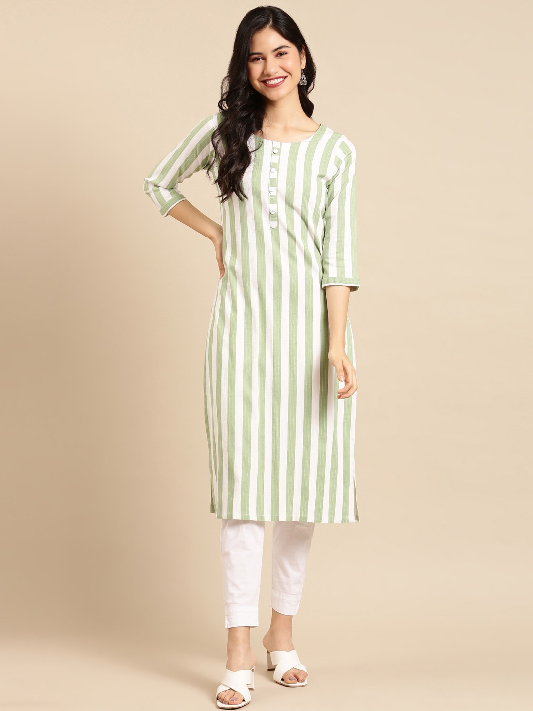 SHOWOFF Women Green Striped Round Neck Three-Quarter Sleeves Mid Length Straight Kurta