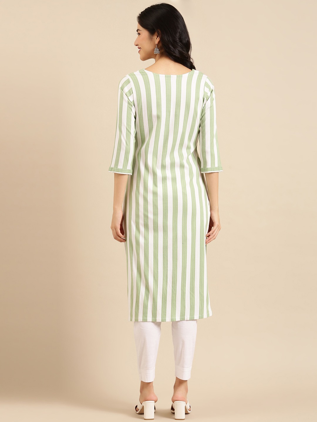 SHOWOFF Women Green Striped Round Neck Three-Quarter Sleeves Mid Length Straight Kurta
