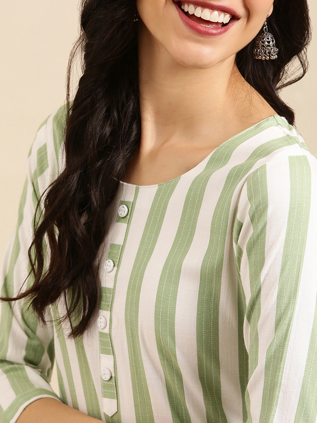 SHOWOFF Women Green Striped Round Neck Three-Quarter Sleeves Mid Length Straight Kurta