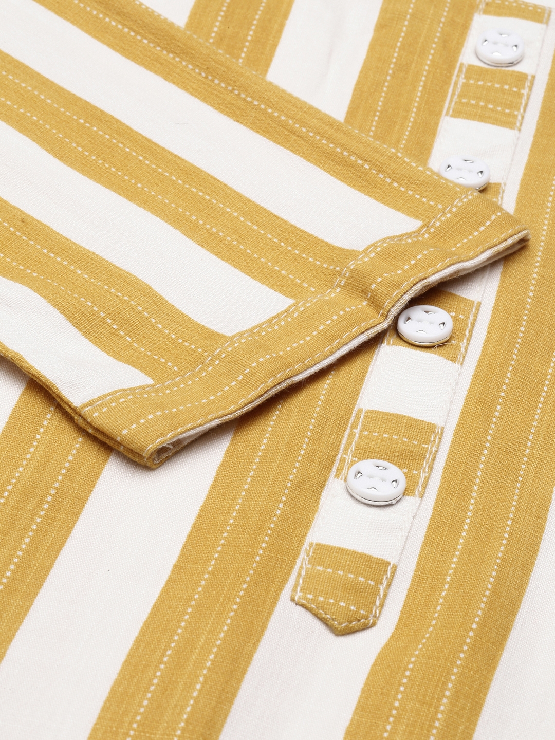 Showoff | SHOWOFF Women Mustard Striped Round Neck Three-Quarter Sleeves Mid Length Straight Kurta 2
