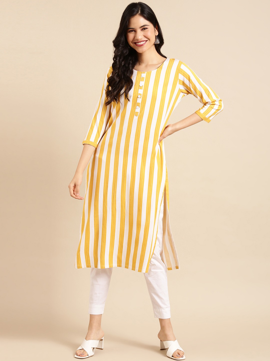 Showoff | SHOWOFF Women Mustard Striped Round Neck Three-Quarter Sleeves Mid Length Straight Kurta 3