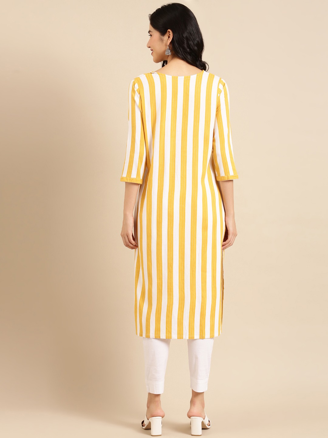 Showoff | SHOWOFF Women Mustard Striped Round Neck Three-Quarter Sleeves Mid Length Straight Kurta 4