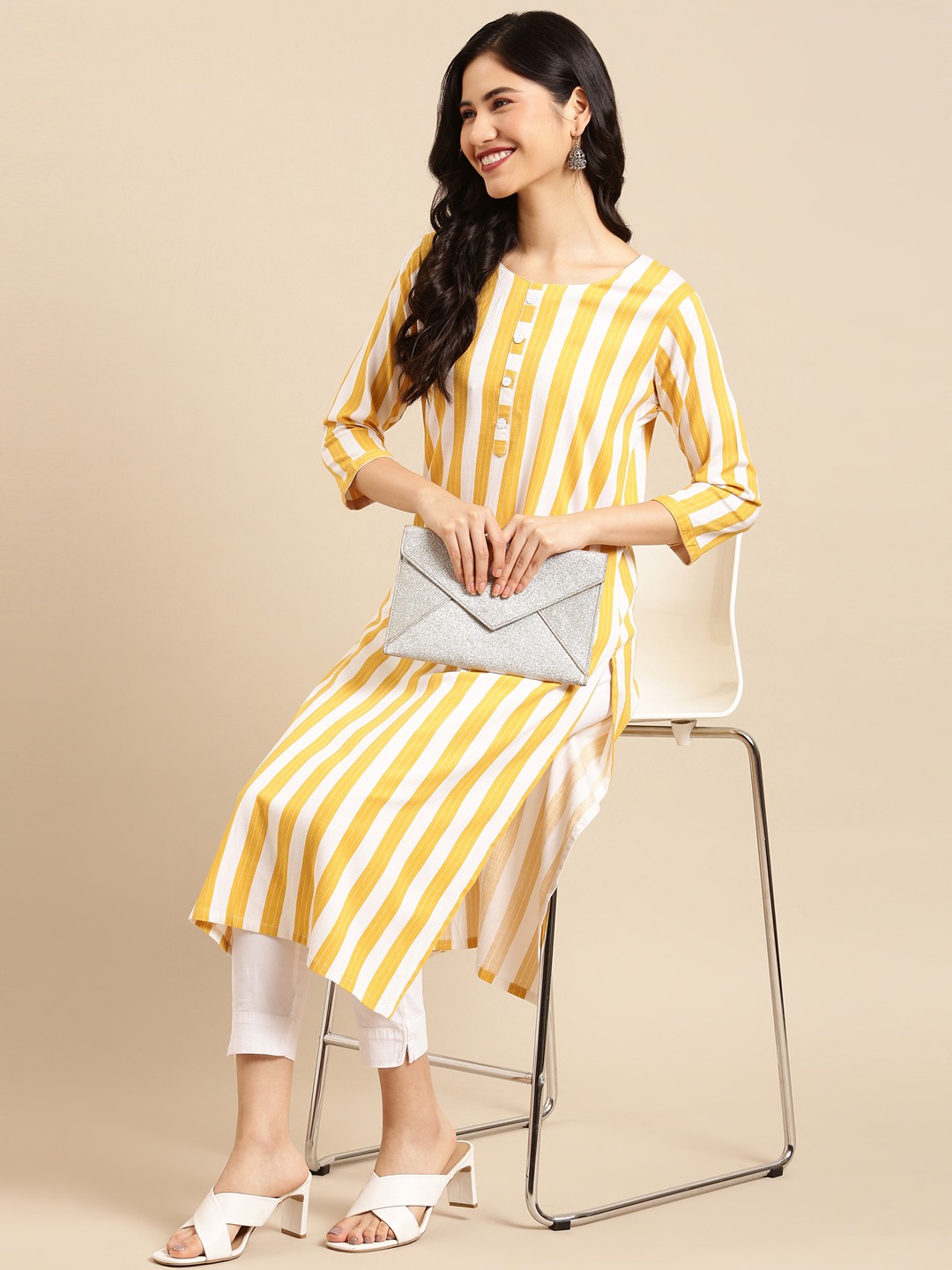 Showoff | SHOWOFF Women Mustard Striped Round Neck Three-Quarter Sleeves Mid Length Straight Kurta 5