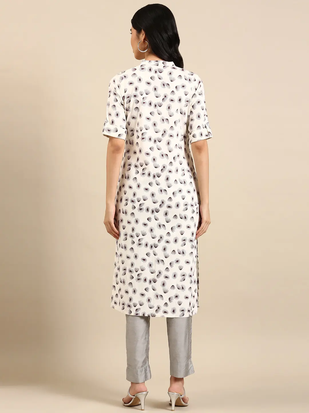 SHOWOFF Women Cream Abstract Mandarin Collar Short Sleeves Mid Length Straight Kurta