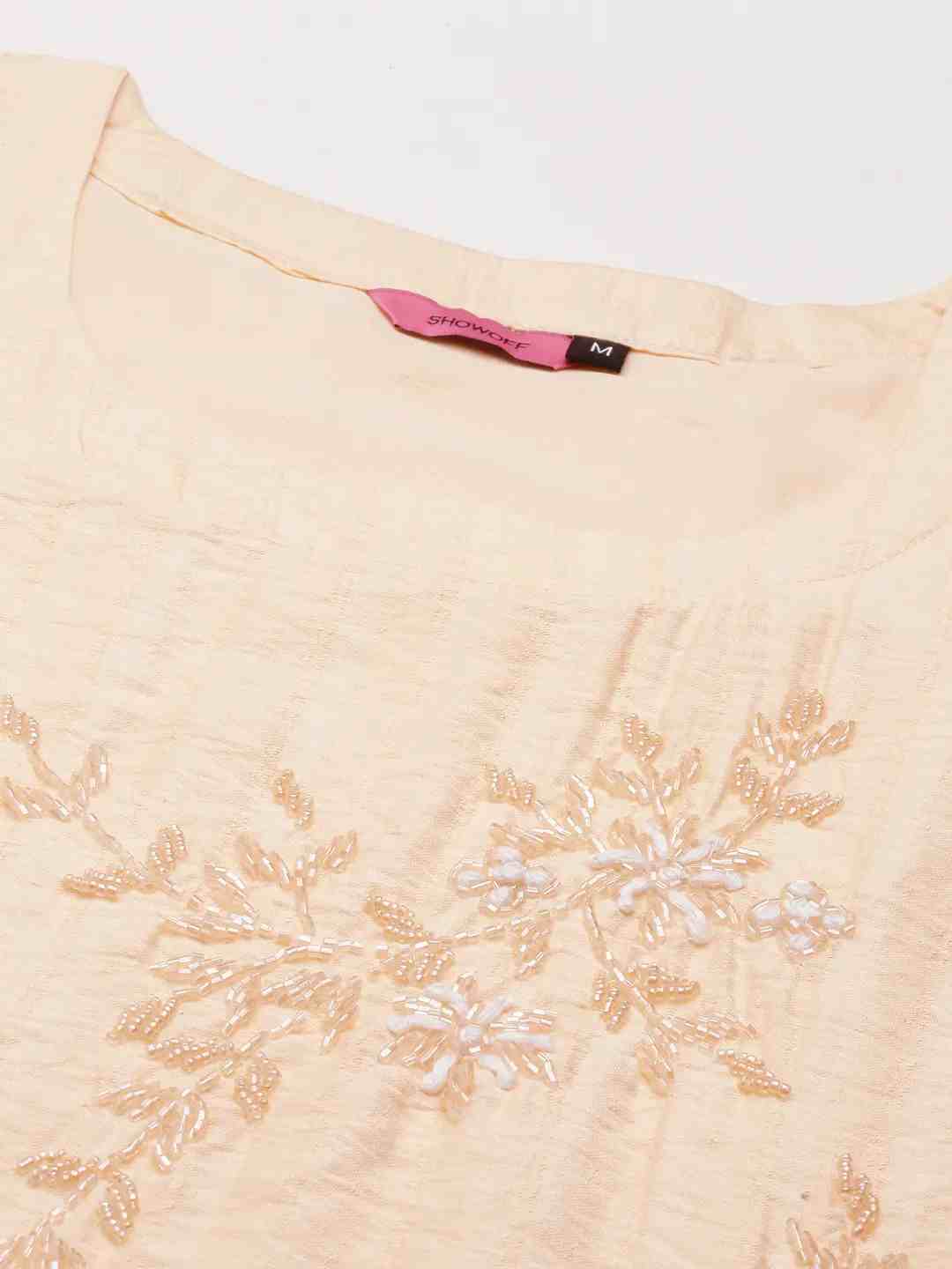 SHOWOFF Women Peach Solid Round Neck Three-Quarter Sleeves Mid Length Straight Kurta