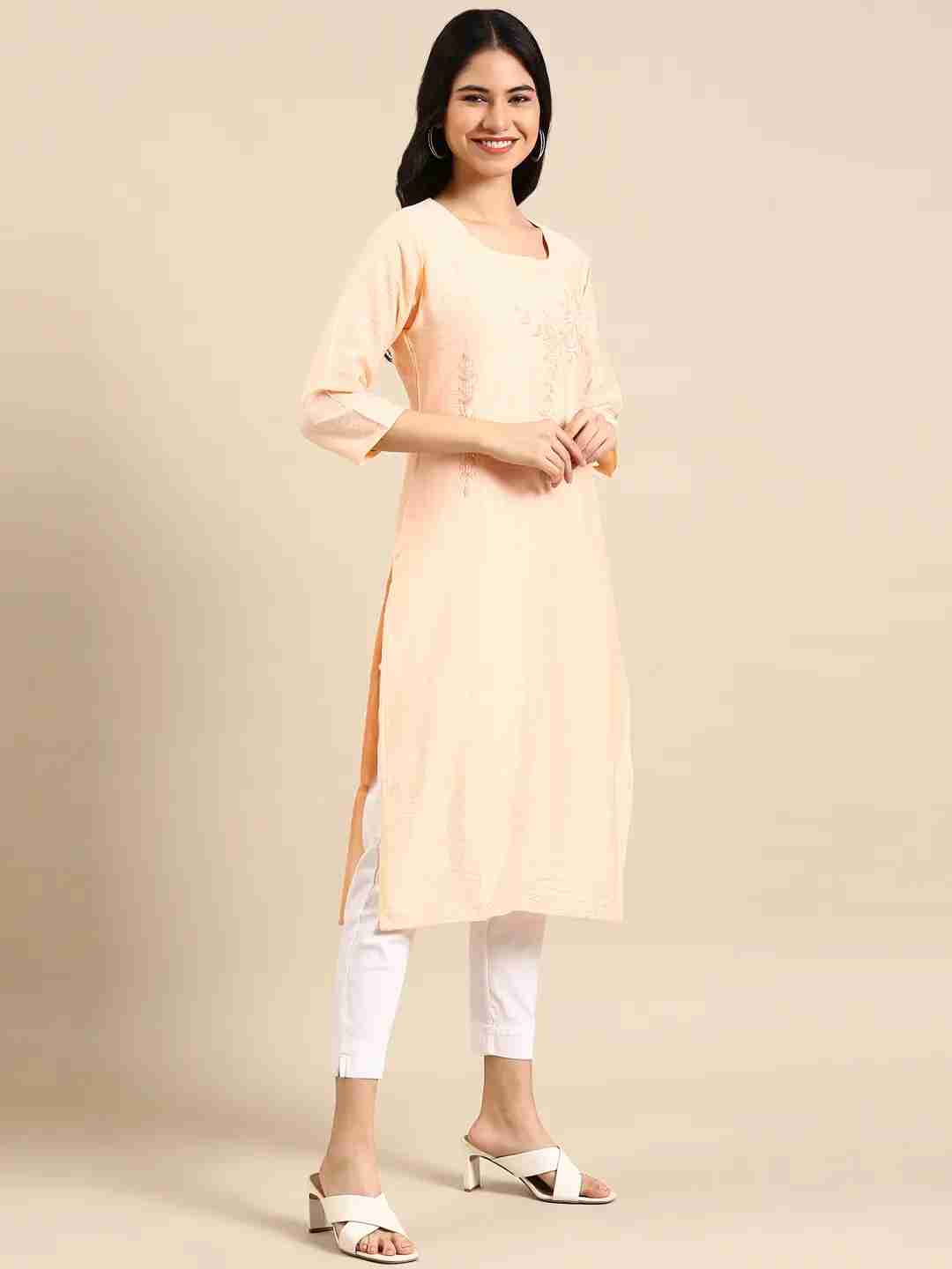 SHOWOFF Women Peach Solid Round Neck Three-Quarter Sleeves Mid Length Straight Kurta