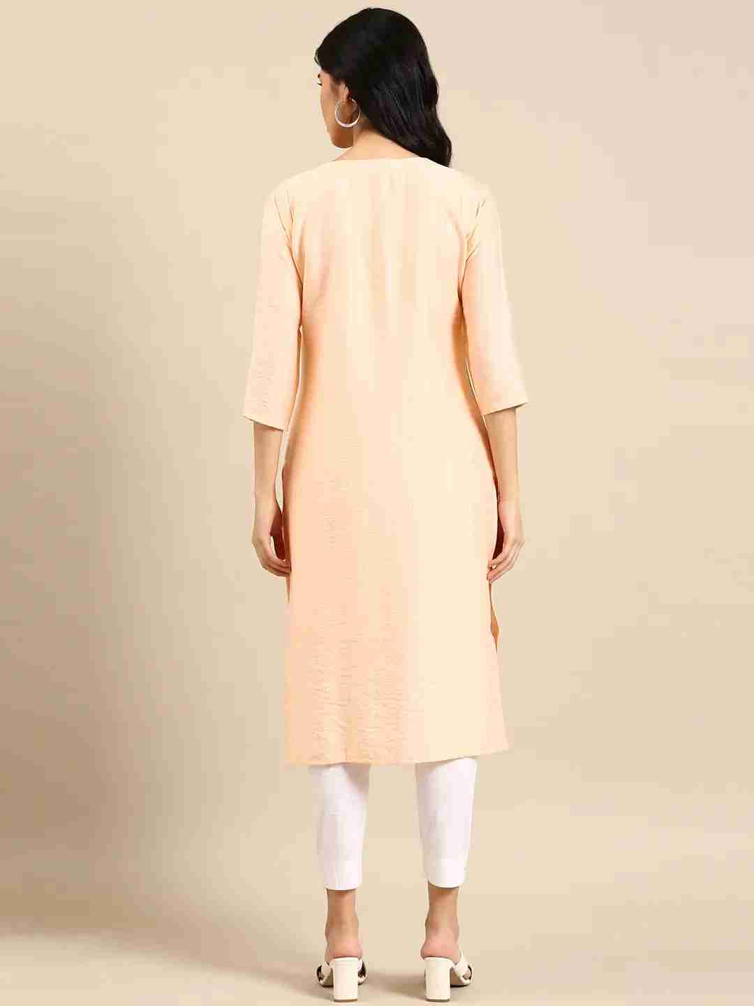 SHOWOFF Women Peach Solid Round Neck Three-Quarter Sleeves Mid Length Straight Kurta