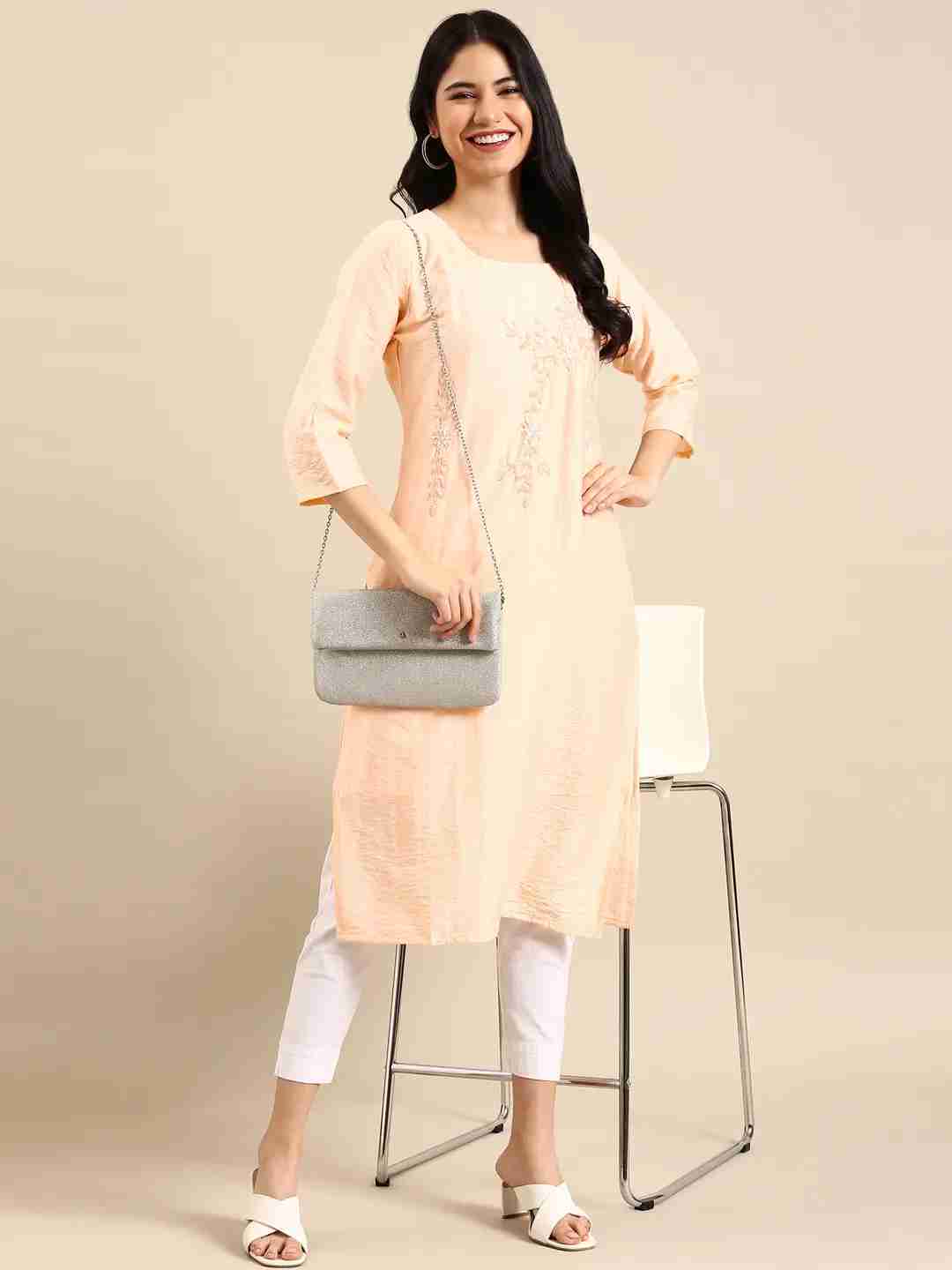 SHOWOFF Women Peach Solid Round Neck Three-Quarter Sleeves Mid Length Straight Kurta