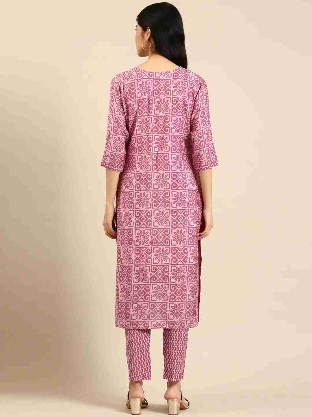 Showoff | SHOWOFF Women Violet Printed  Round Neck Three-Quarter Sleeves Mid Length Straight Kurta Set 4