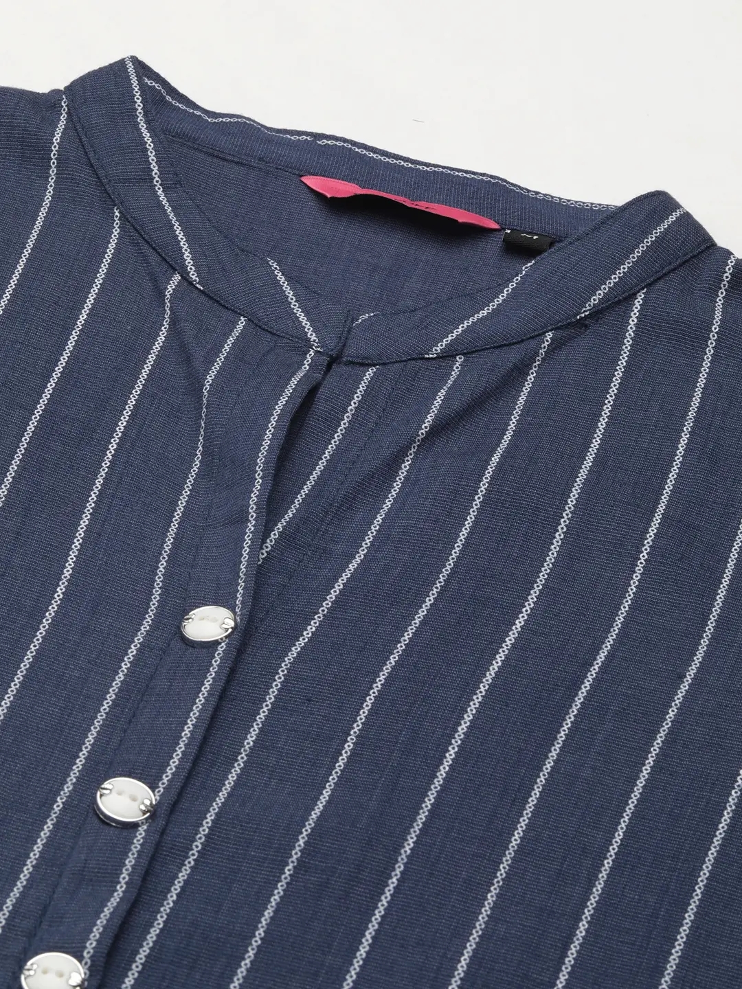 Showoff | SHOWOFF Women Navy Blue Striped  Mandarin Collar Short Sleeves Mid Length Straight Kurta Set 1