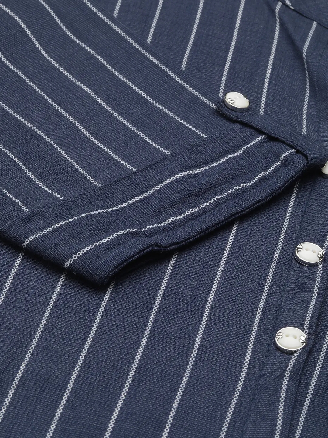 Showoff | SHOWOFF Women Navy Blue Striped  Mandarin Collar Short Sleeves Mid Length Straight Kurta Set 2