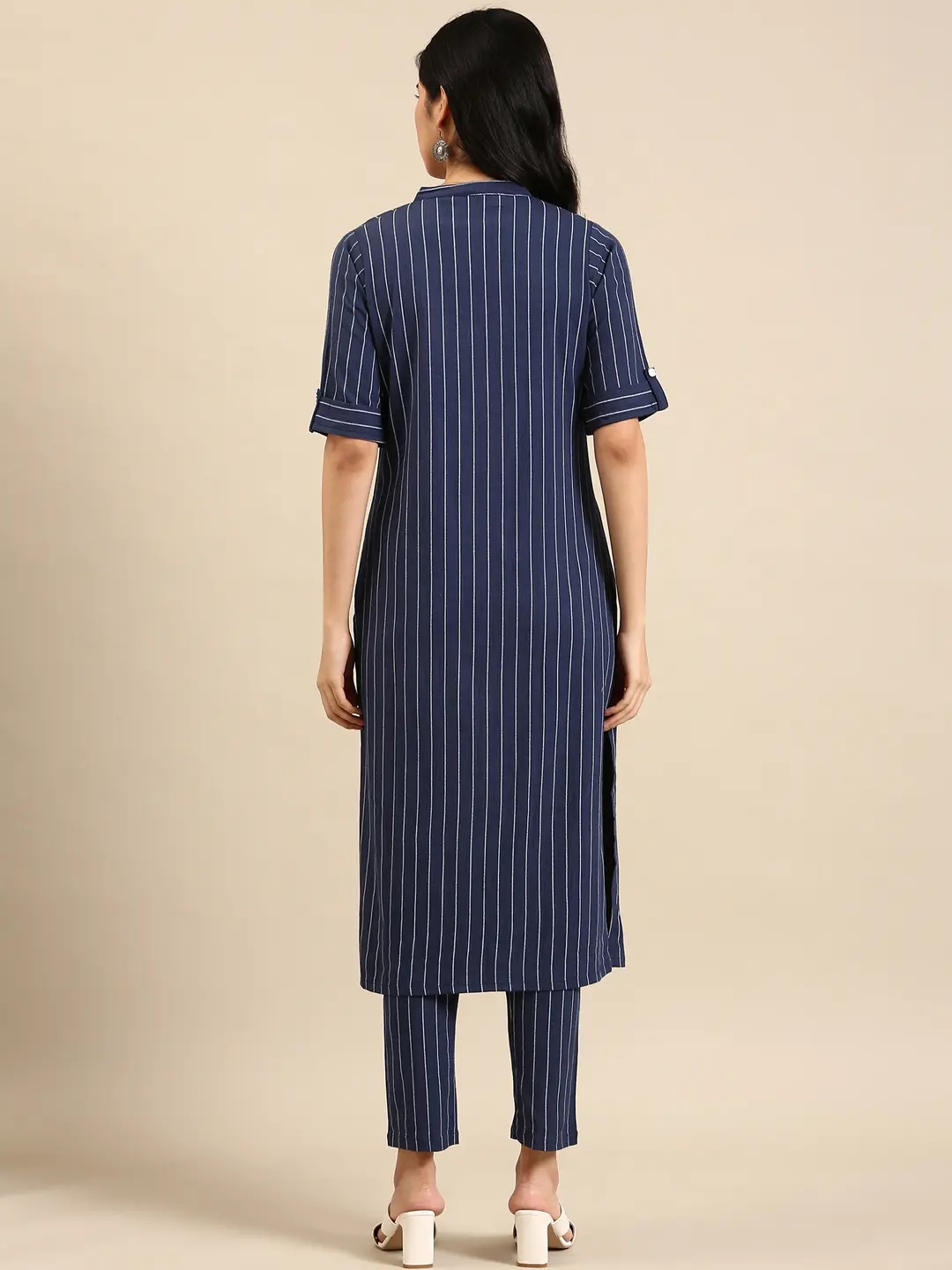 Showoff | SHOWOFF Women Navy Blue Striped  Mandarin Collar Short Sleeves Mid Length Straight Kurta Set 4