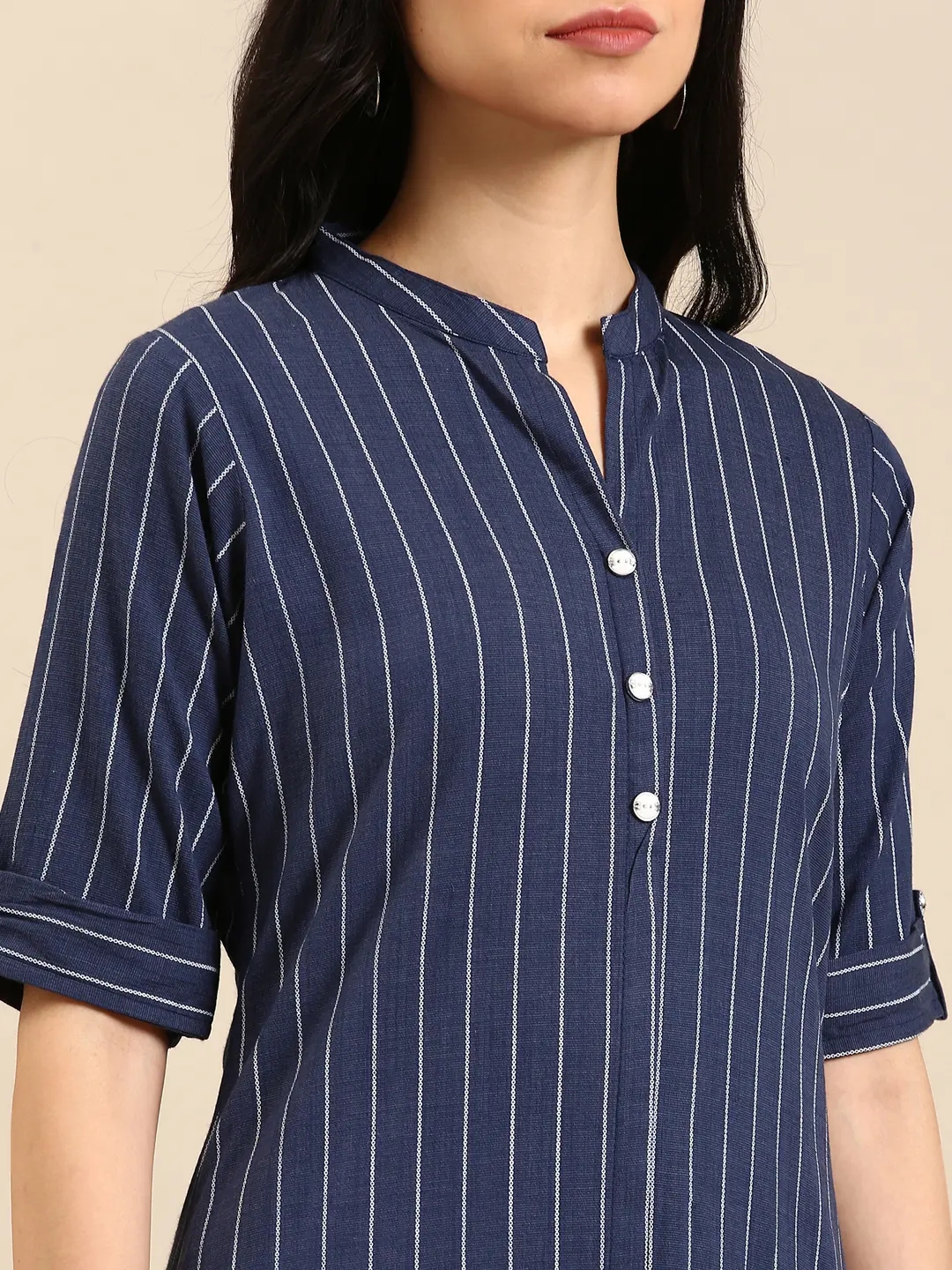 Showoff | SHOWOFF Women Navy Blue Striped  Mandarin Collar Short Sleeves Mid Length Straight Kurta Set 6