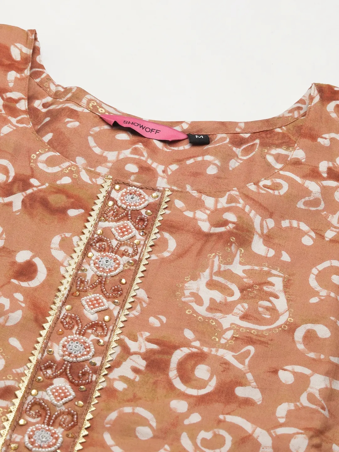 Showoff | SHOWOFF Women Copper Printed Round Neck Three-Quarter Sleeves Mid Length Straight Kurta Set 1