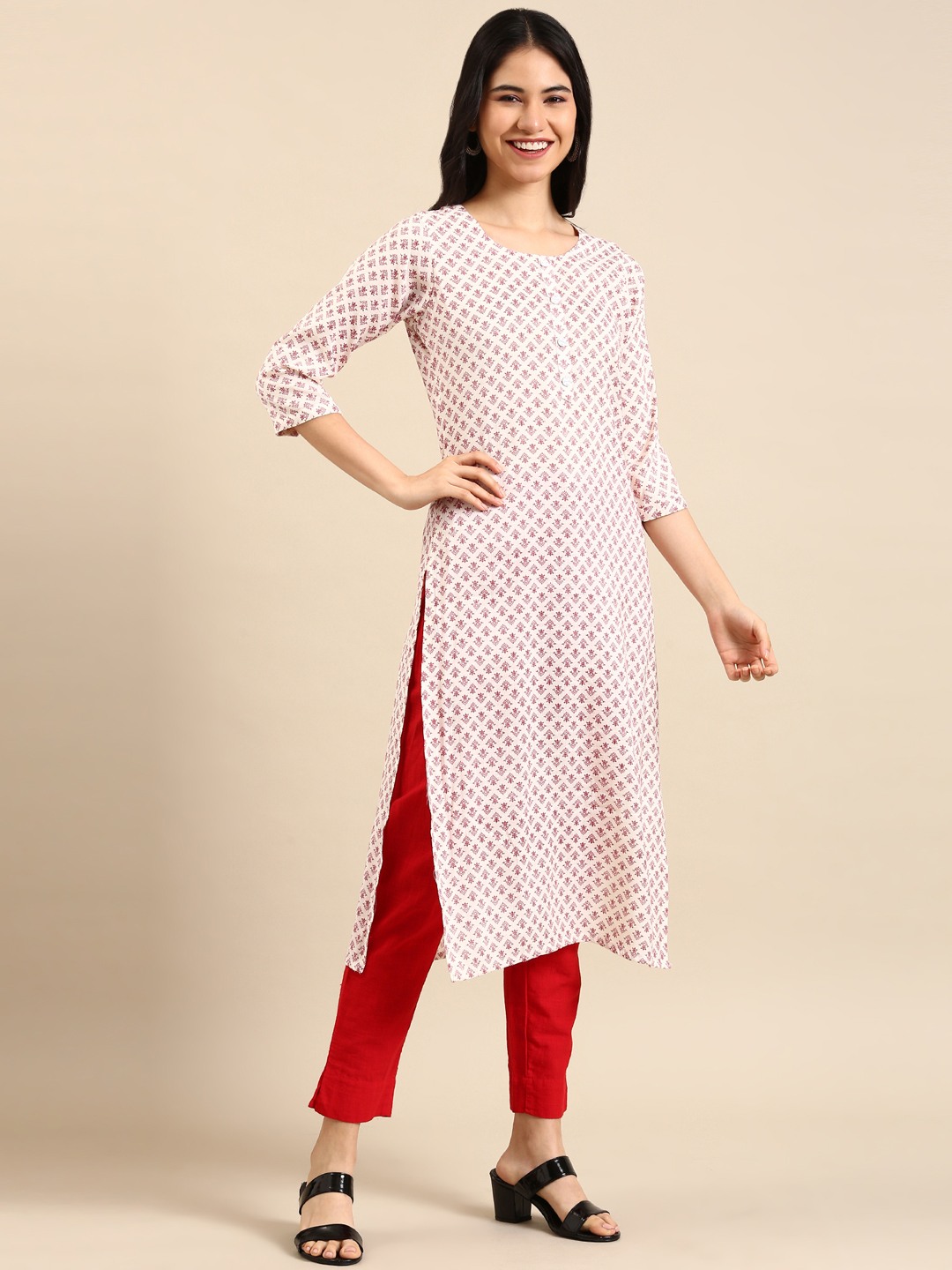 SHOWOFF Women Off White Ethnic Motifs Round Neck Three-Quarter Sleeves Mid Length Straight Kurta