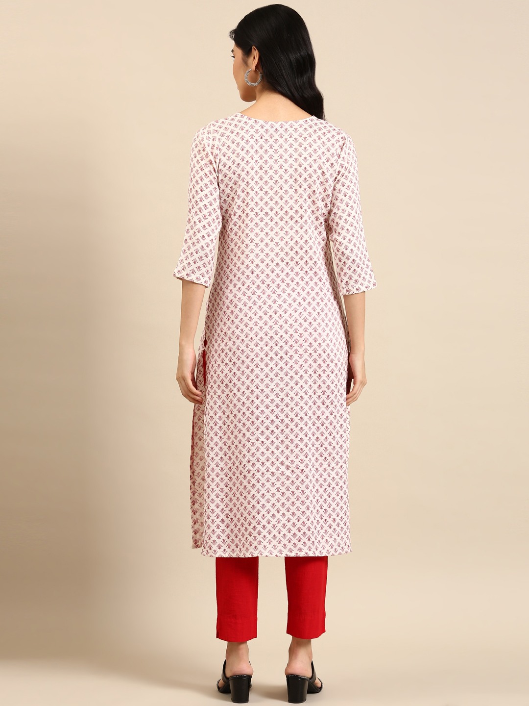 SHOWOFF Women Off White Ethnic Motifs Round Neck Three-Quarter Sleeves Mid Length Straight Kurta