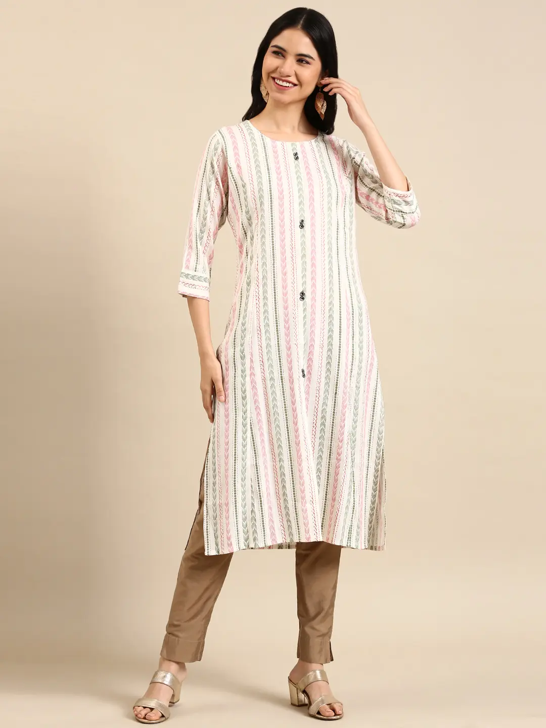 SHOWOFF Women White Woven Design Round Neck Three-Quarter Sleeves Mid Length Straight Kurta