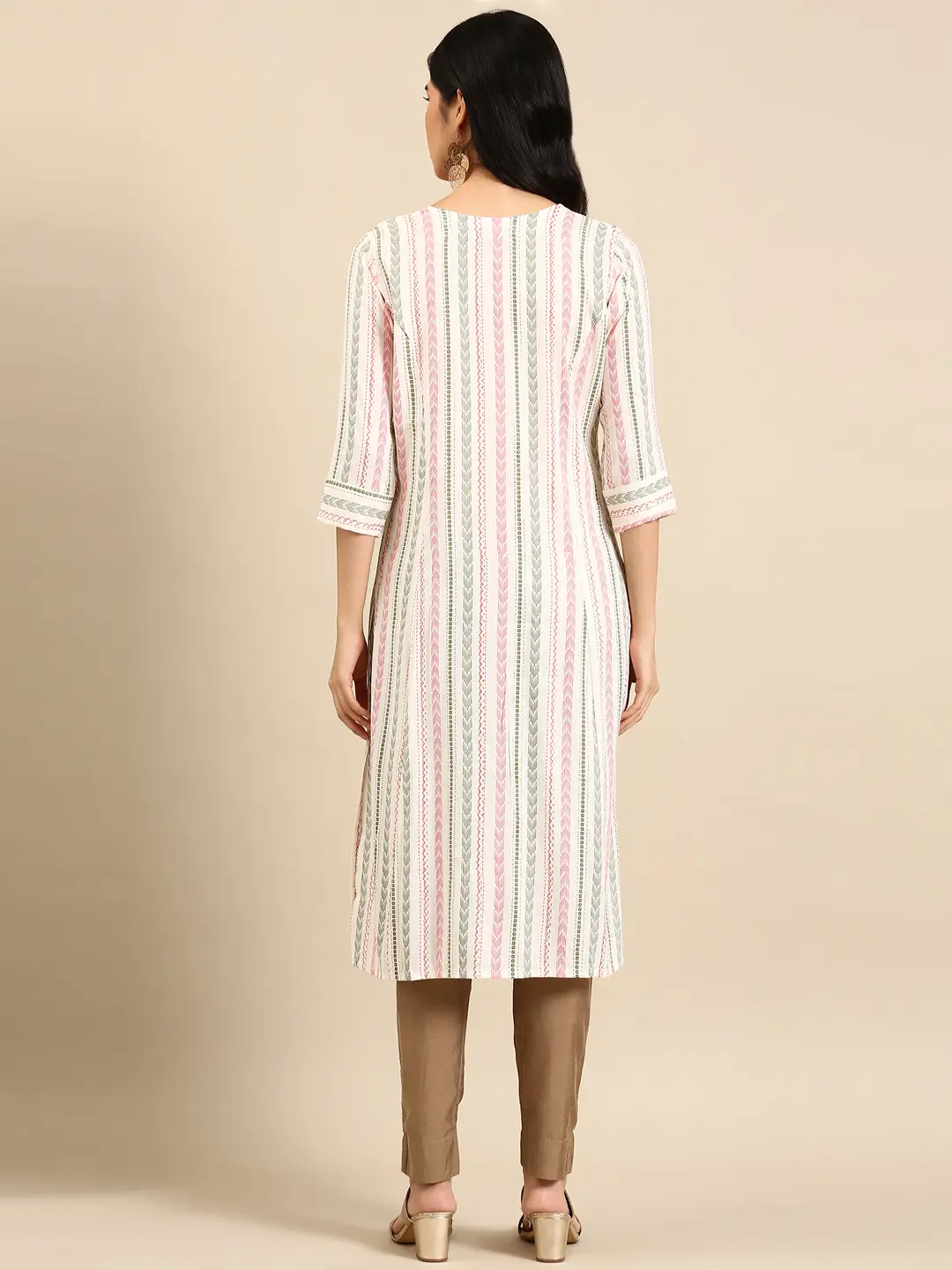 SHOWOFF Women White Woven Design Round Neck Three-Quarter Sleeves Mid Length Straight Kurta