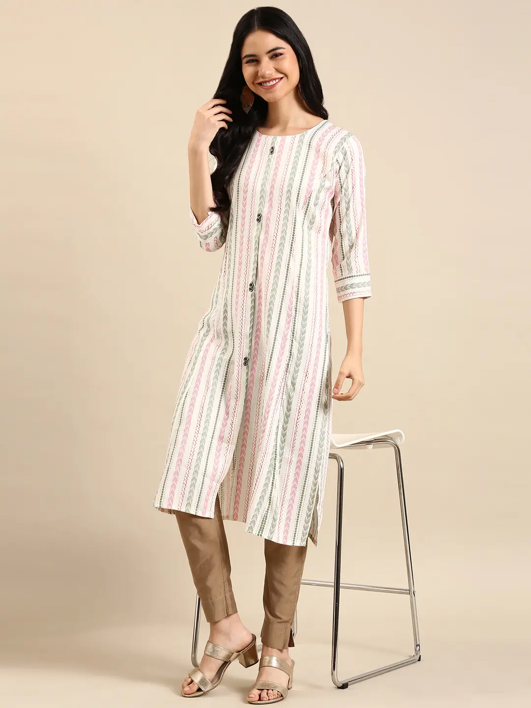 SHOWOFF Women White Woven Design Round Neck Three-Quarter Sleeves Mid Length Straight Kurta