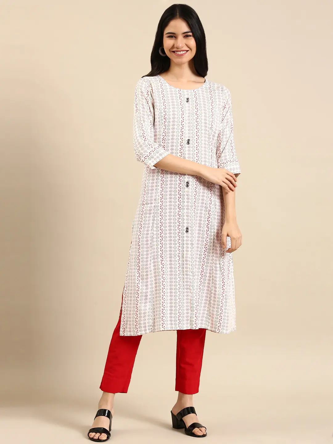 SHOWOFF Women White Woven Design Round Neck Three-Quarter Sleeves Mid Length Straight Kurta