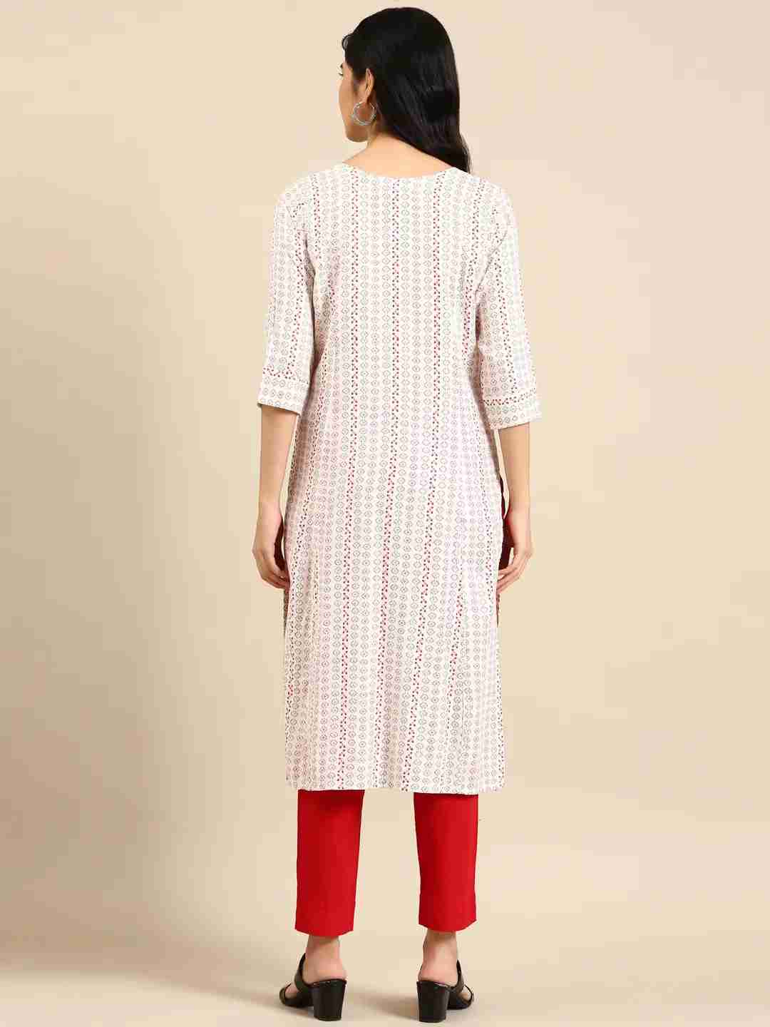 SHOWOFF Women White Woven Design Round Neck Three-Quarter Sleeves Mid Length Straight Kurta
