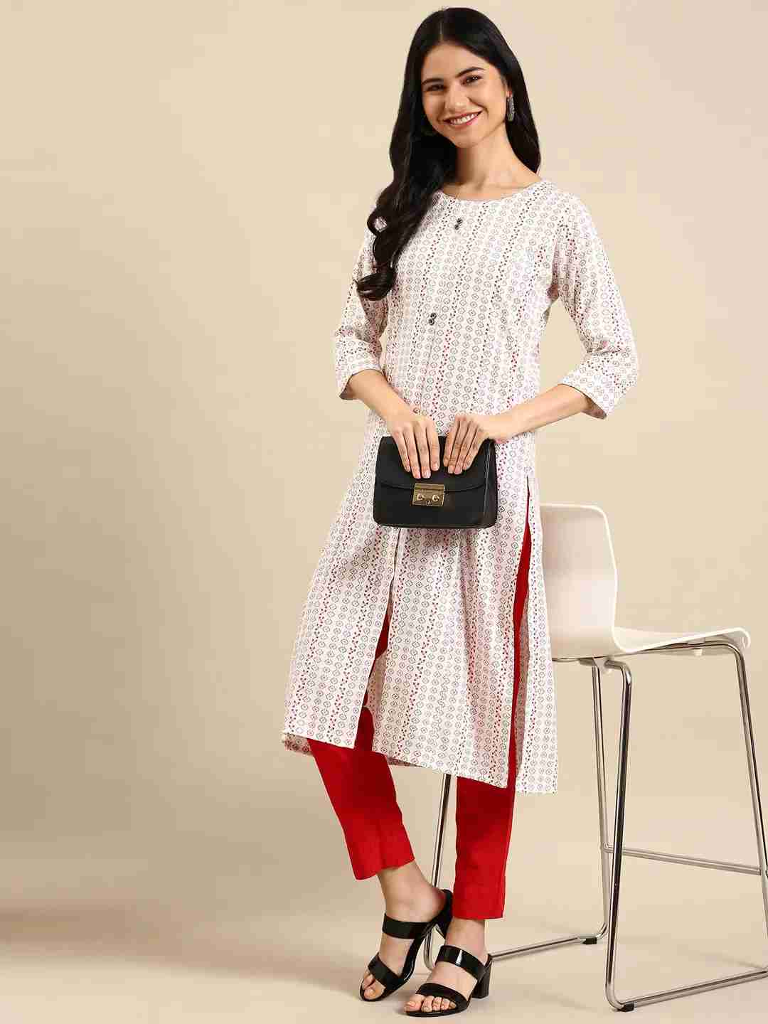 SHOWOFF Women White Woven Design Round Neck Three-Quarter Sleeves Mid Length Straight Kurta