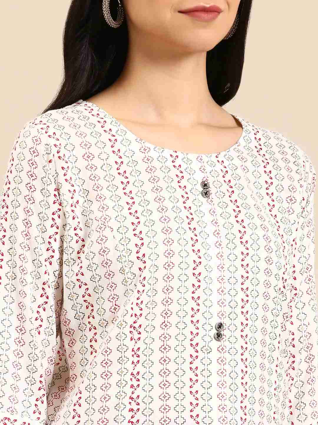 SHOWOFF Women White Woven Design Round Neck Three-Quarter Sleeves Mid Length Straight Kurta