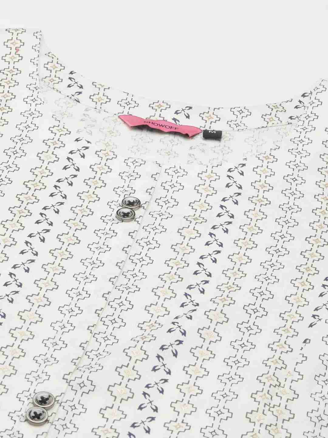 SHOWOFF Women White Woven Design Round Neck Three-Quarter Sleeves Mid Length Straight Kurta
