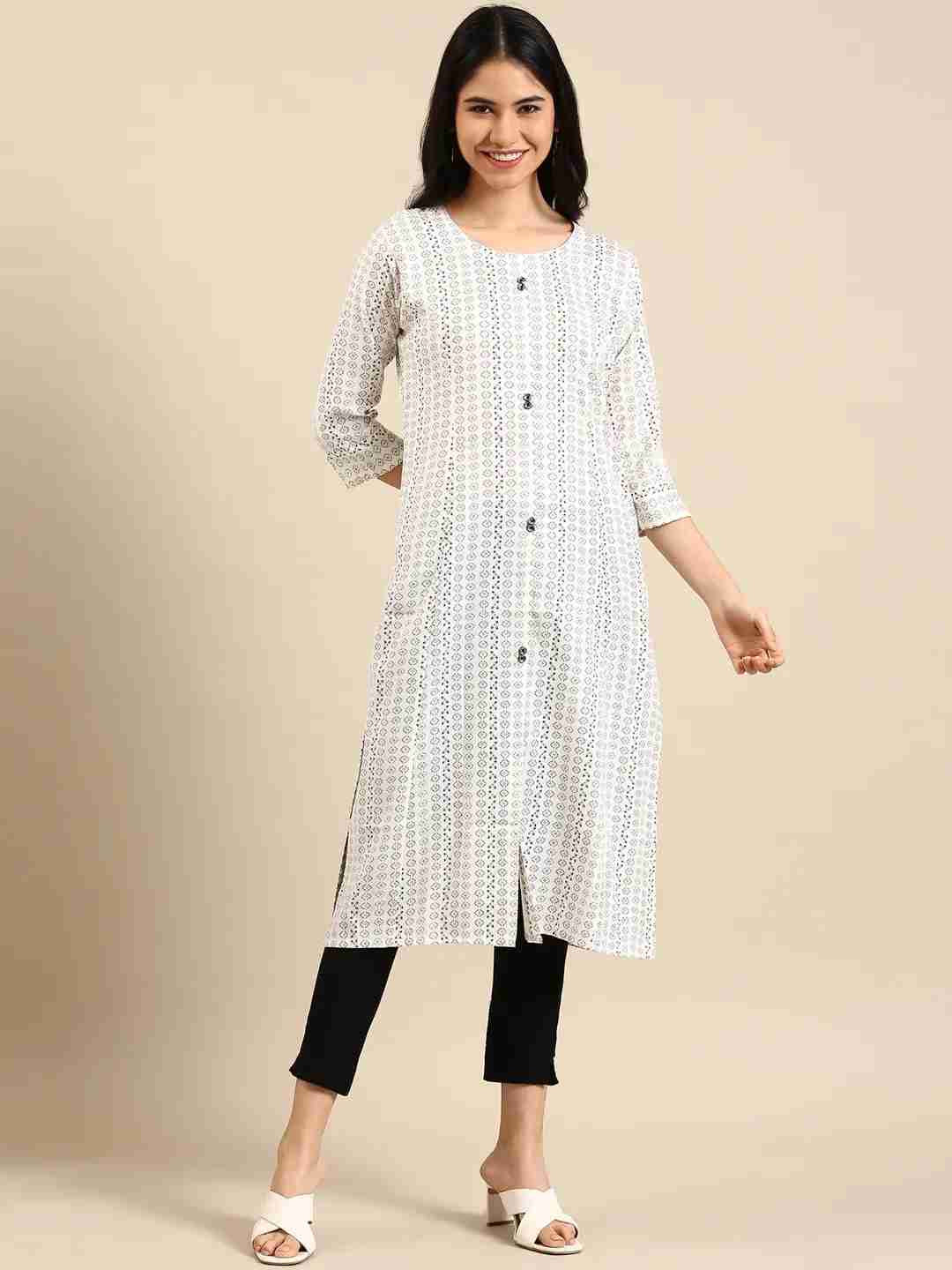 SHOWOFF Women White Woven Design Round Neck Three-Quarter Sleeves Mid Length Straight Kurta