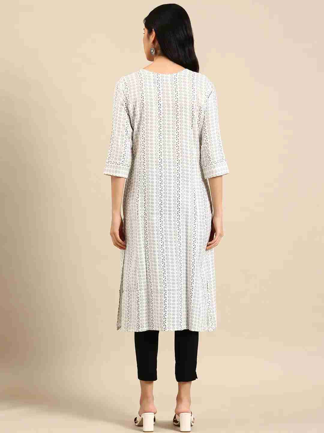 SHOWOFF Women White Woven Design Round Neck Three-Quarter Sleeves Mid Length Straight Kurta