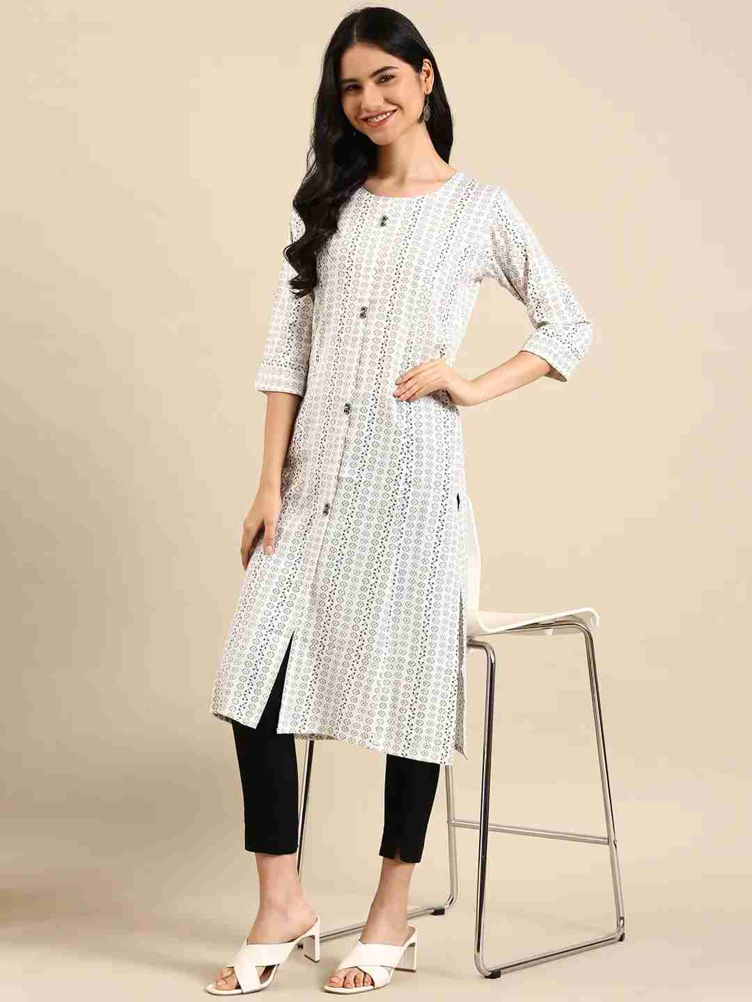 SHOWOFF Women White Woven Design Round Neck Three-Quarter Sleeves Mid Length Straight Kurta
