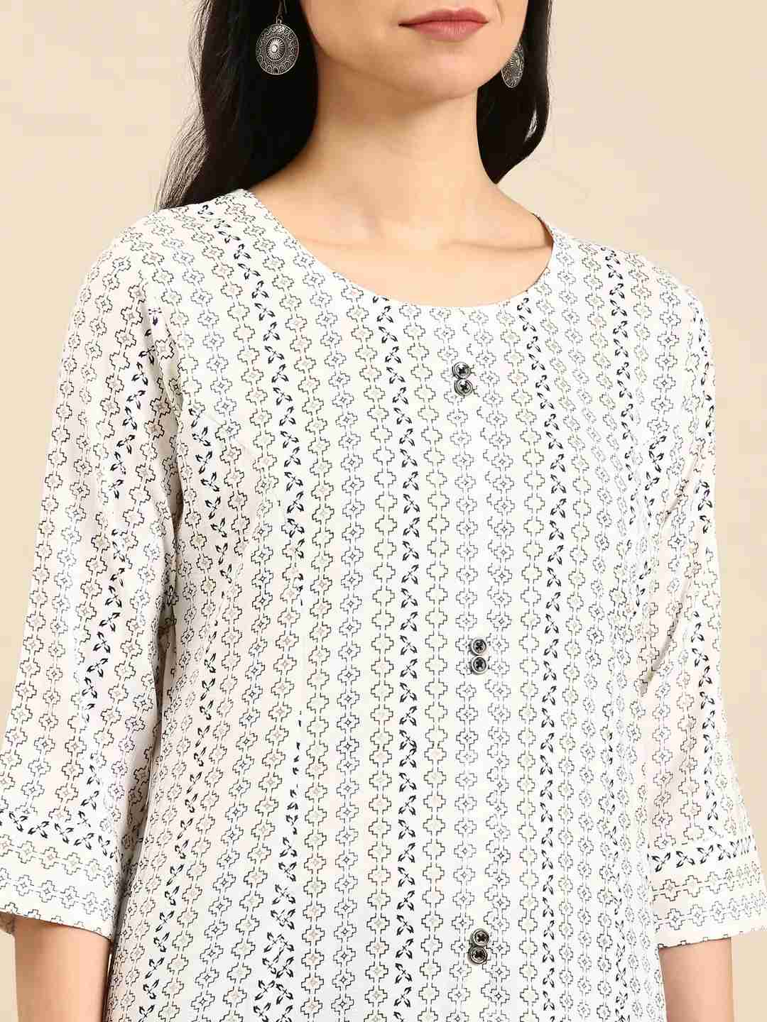 SHOWOFF Women White Woven Design Round Neck Three-Quarter Sleeves Mid Length Straight Kurta