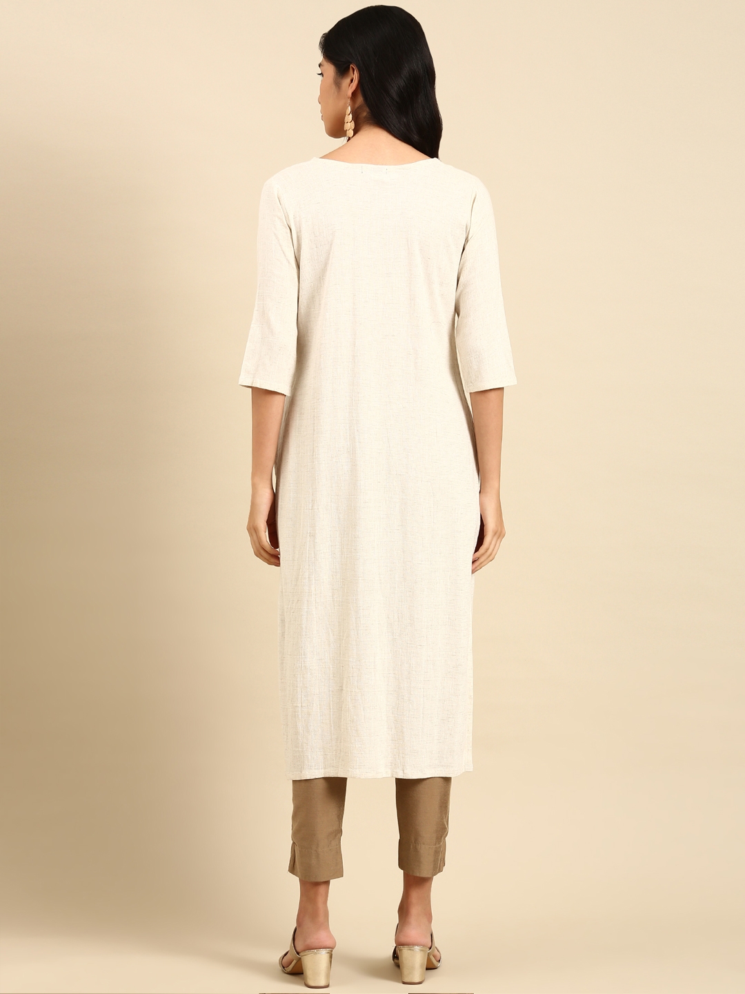 Showoff | SHOWOFF Women Off White Woven Design Round Neck Three-Quarter Sleeves Mid Length Straight Kurta 3