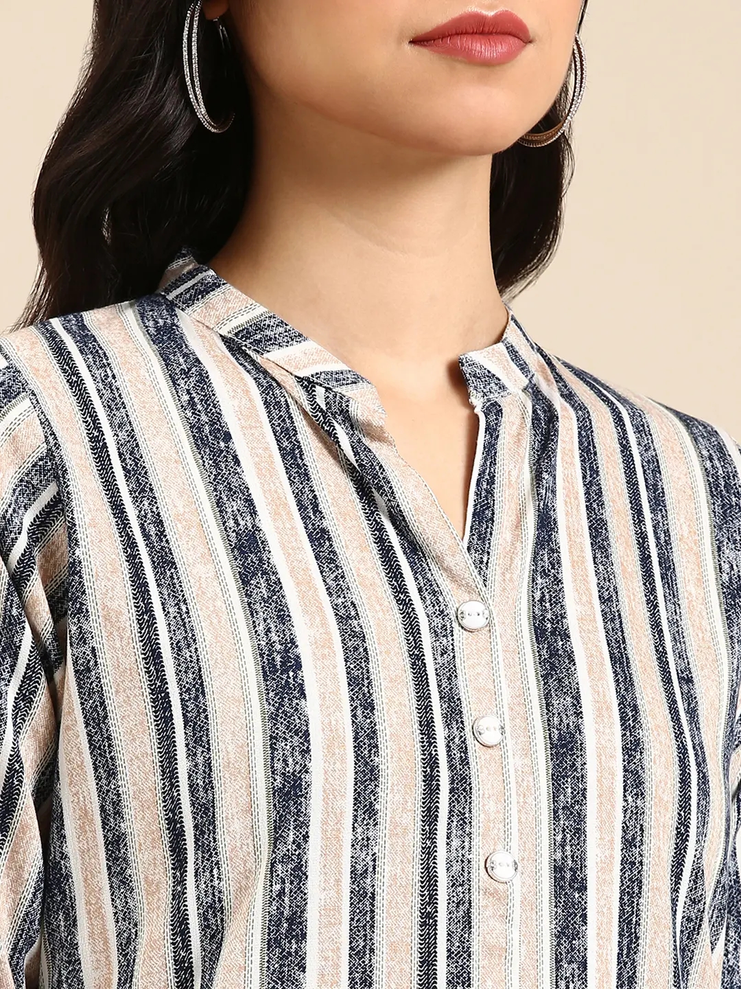 Showoff | SHOWOFF Women Navy Blue Striped Mandarin Collar Three-Quarter Sleeves Mid Length Straight Kurta 6