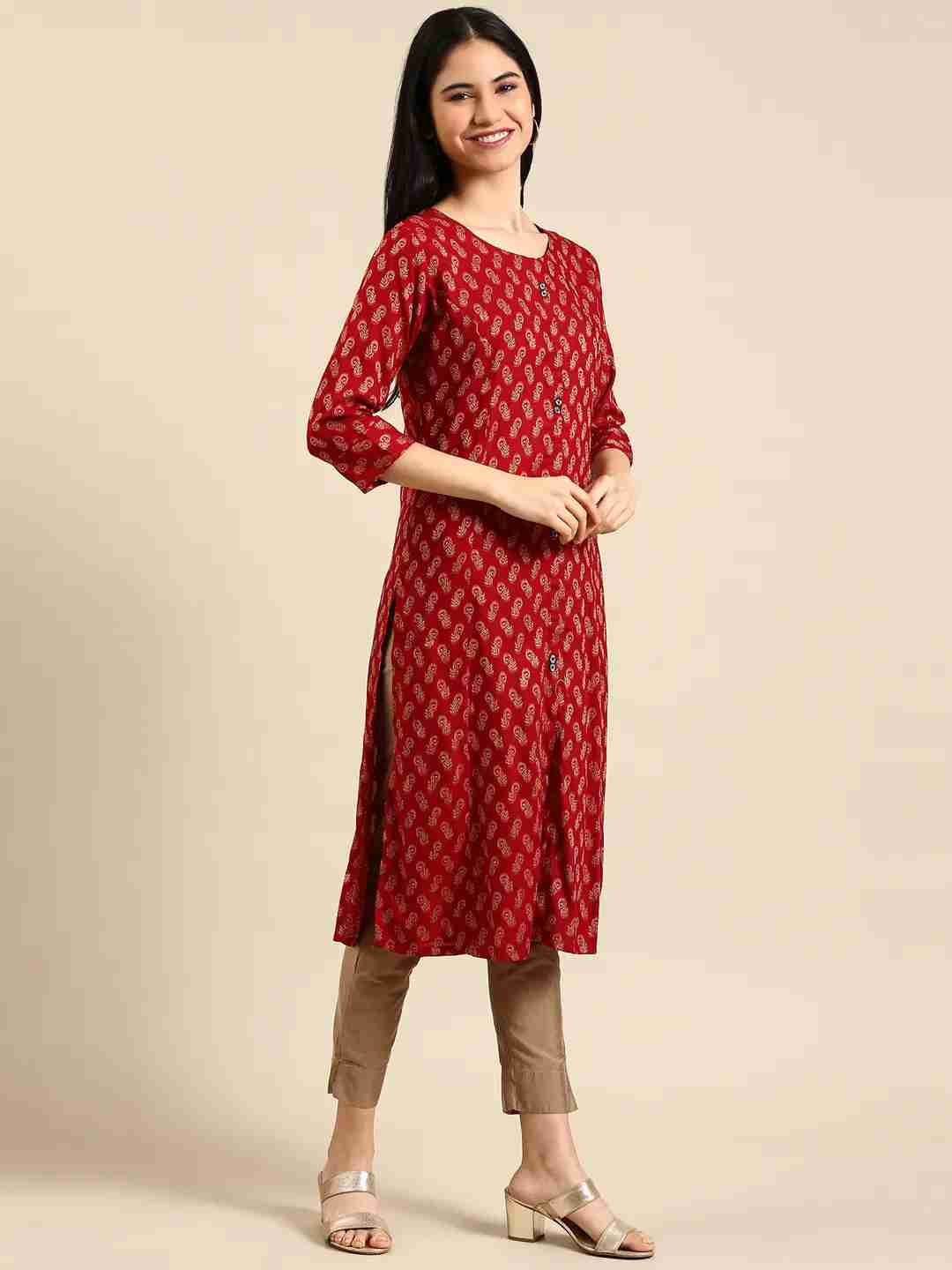 SHOWOFF Women Maroon Woven Design Round Neck Three-Quarter Sleeves Mid Length Straight Kurta