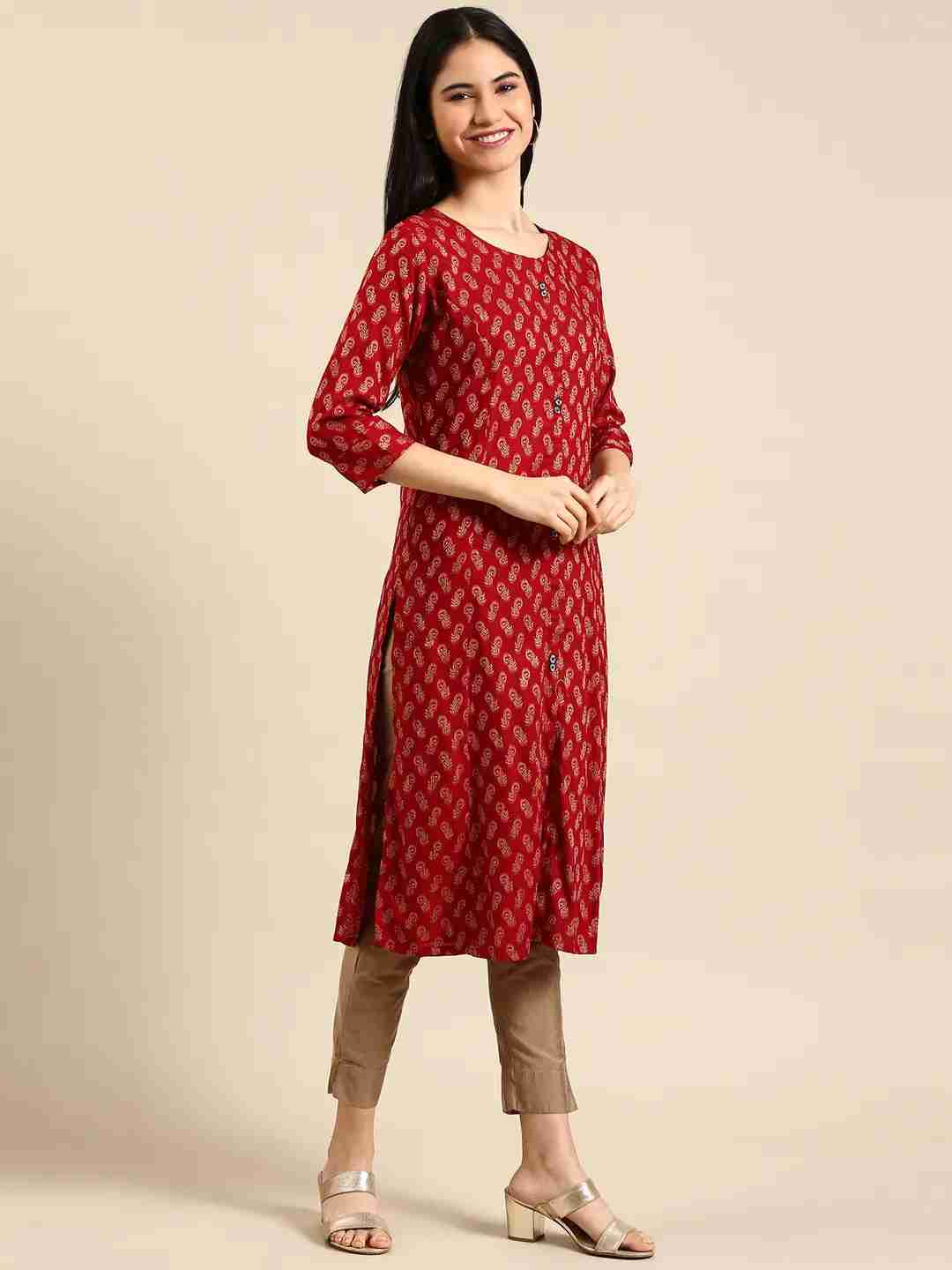 Showoff | SHOWOFF Women Maroon Woven Design Round Neck Three-Quarter Sleeves Mid Length Straight Kurta 2