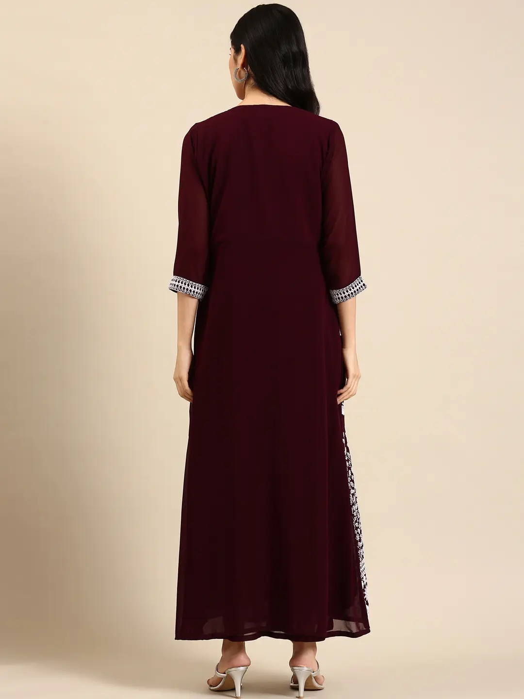 Showoff | SHOWOFF Women Burgundy Embellished Round Neck Sleeveless Ankle Length A-Line Kurta 4