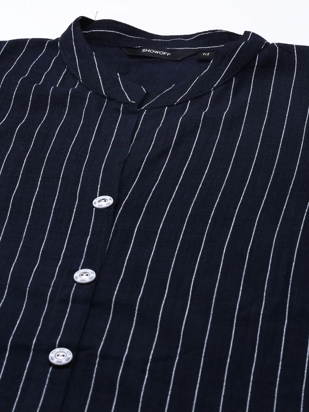 Showoff | SHOWOFF Women Navy Blue Striped Mandarin Collar Short Sleeves Mid Length Straight Kurta Set 1